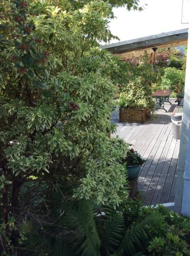 a tree in a garden next to a wooden deck at Cwmbach Guest House in Neath