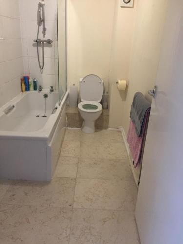 a bathroom with a toilet and a tub and a sink at 4c Belmont Terrace in Buxton