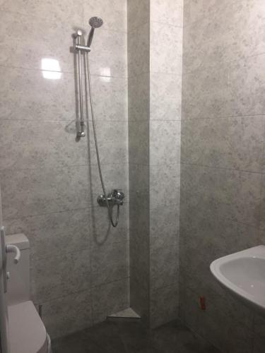 a bathroom with a shower with a toilet and a sink at Batumi Hotel in Batumi