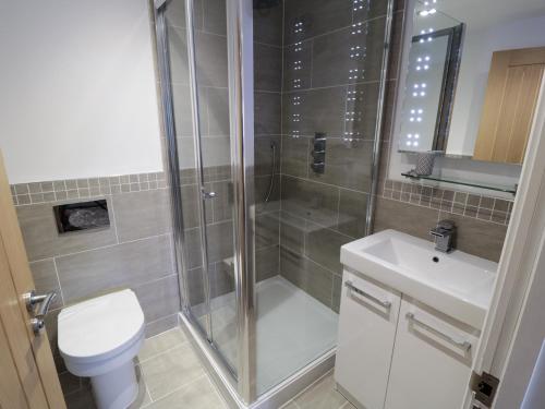 a bathroom with a shower and a toilet and a sink at Olton Hall Engine Shed in Whitby