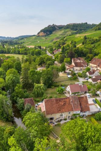- une vue aérienne sur un petit village avec des maisons et des arbres dans l'établissement Côté Rivière, à Nevy-sur-Seille