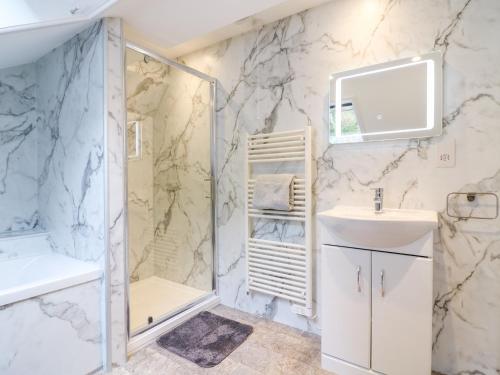 a bathroom with a shower and a sink at Cuckoo Cottage in Bridport