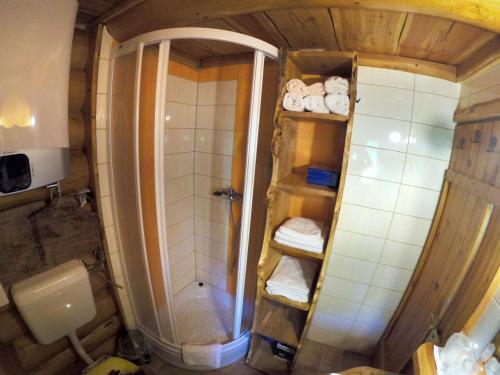 an overhead view of a bathroom with a shower and towels at Kuća za odmor “Mita” in Sveti Martin na Muri