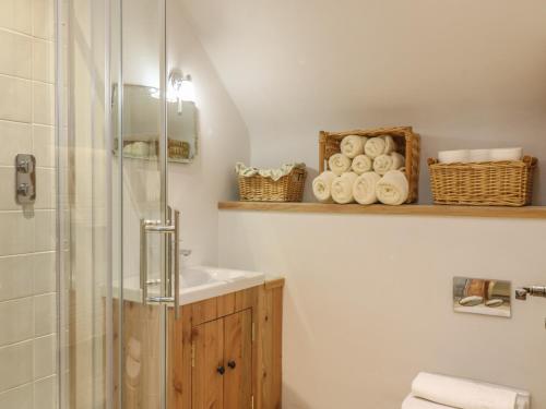 a bathroom with a shower and a sink and a toilet at The Old Laundry in North Tawton