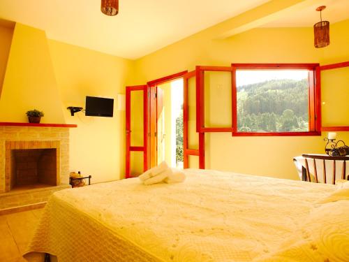 a bedroom with a bed with a fireplace and a window at Pousada Vista da Serra Monte Verde in Monte Verde