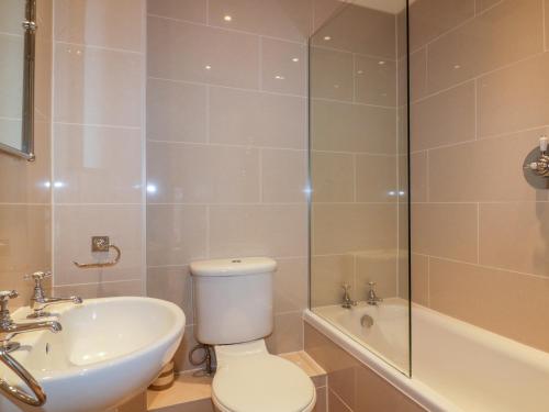 ein Badezimmer mit Toilette, Waschbecken und Dusche in der Unterkunft Sarah's Cottage in Padstow