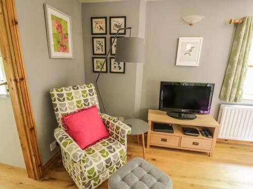 a living room with a chair and a television at Cottage on the Common in Westbury on Severn
