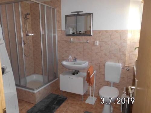 a bathroom with a sink and a shower and a toilet at ostseenahe Gartenidylle EG in Ribnitz-Damgarten