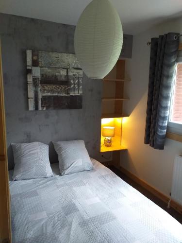 a bedroom with a white bed and a lamp at Le mas des Alberges in Le Bourg-dʼOisans