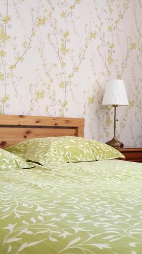 a bedroom with a bed with a green comforter and a lamp at La Malinette B&B, calme et authenticité in Mâlain