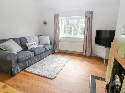 a living room with a couch and a flat screen tv at Well House Farm Flat 2 in Chester