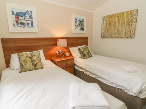 2 łóżka pojedyncze w pokoju z lampką w obiekcie Bowness 66 w mieście Windermere