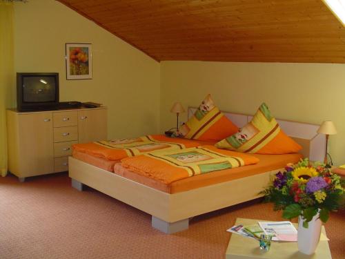 a bedroom with a bed and a tv on a dresser at Ferienwohnungen Kasparbauer in Regen