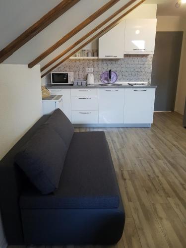 a living room with a couch and a kitchen at Studio Apartmani Patricia in Smoljanac