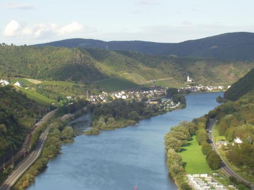 an aerial view of a river with mountains in the background at Winzerhof Gietzen in Hatzenport