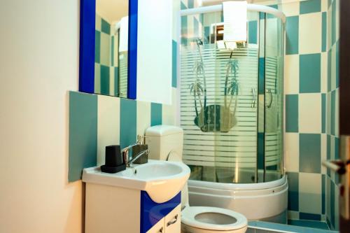 a bathroom with a sink and a toilet and a shower at Pensiunea Marmis in Rîu Bărbat