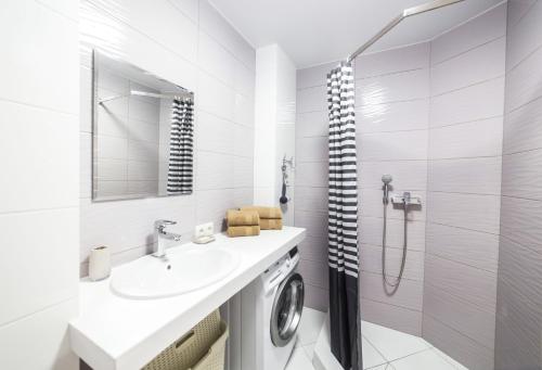 a bathroom with a washing machine and a sink at Apartments Roksolany 16 in Truskavets