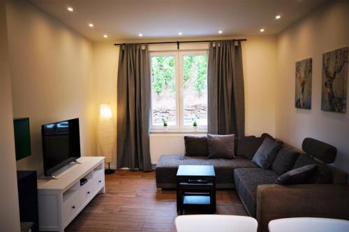 a living room with a couch and a tv at Ferienhaus am Moselsteig in Ürzig