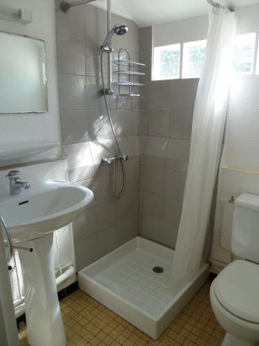 a bathroom with a shower and a sink and a toilet at Maison Baxter in Prats-de-Mollo-la-Preste