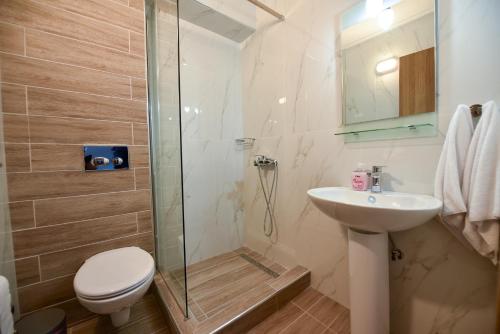a bathroom with a shower and a toilet and a sink at Lamda Deluxe Apartments in Keramoti