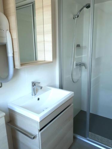 a bathroom with a white sink and a shower at PetraLegna in Porto-Vecchio