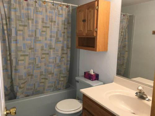 a bathroom with a toilet and a sink and a shower at Blue Haven Bayside in Ocean City