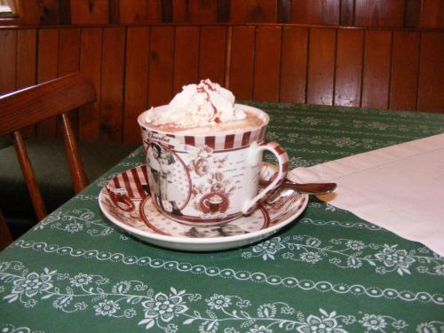 a cup of coffee on a table with whipped cream at Landhaus Gritschacher in Sankt Peter in Holz