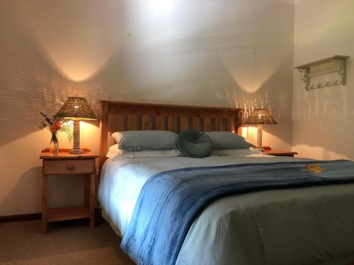 a bedroom with a large bed with two lamps at Frog Mountain Getaway in Swellendam