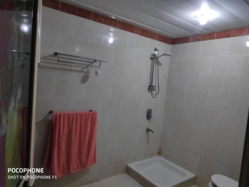 a bathroom with a shower and a toilet and a sink at For Families only Porto Marina in El Alamein