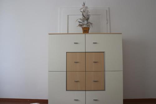 a white cabinet with a plant on top of it at The Lakehouse Villa Neusiedl am See Wienerstraße 8 in Neusiedl am See