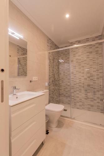 a bathroom with a toilet and a sink and a shower at Noray Apartamentos Viveiro in Viveiro