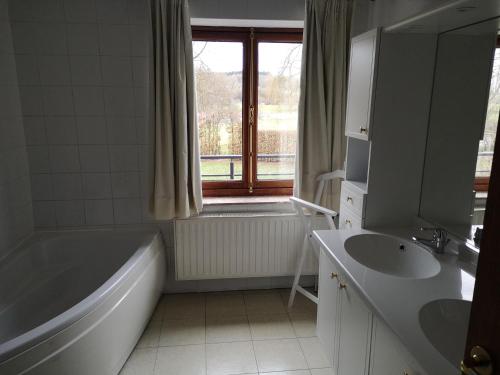 ein Bad mit einer Badewanne, einem Waschbecken und einem Fenster in der Unterkunft Au Bord De L'eau in Durbuy