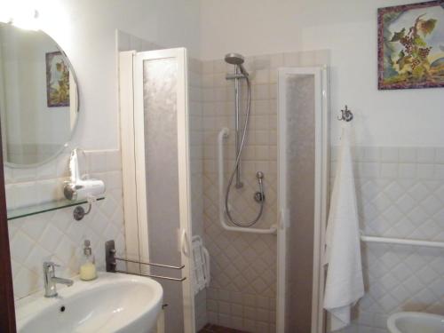 baño blanco con ducha y lavamanos en Agriturismo Sant' Antonio, en Manciano