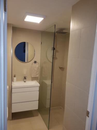 La salle de bains est pourvue d'une douche, d'un lavabo et d'un miroir. dans l'établissement North Adelaide Apartment, à Adélaïde