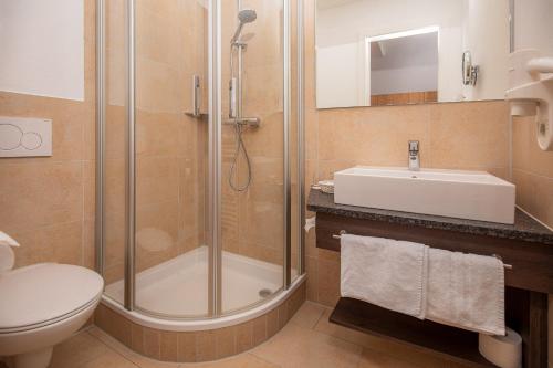 a bathroom with a shower and a toilet and a sink at Hotel Amberger Hof in Bad Koetzting