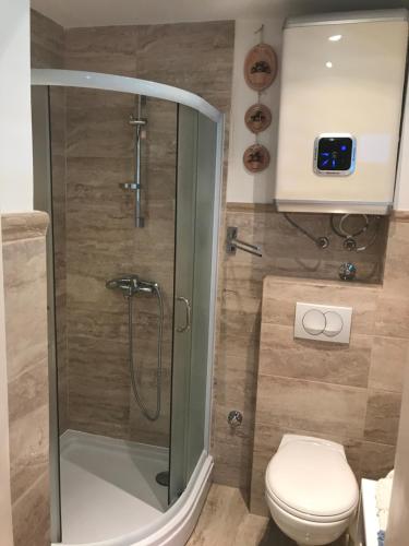 een badkamer met een toilet en een glazen douche bij APARTMENT AMBLI HOUSE in Tivat