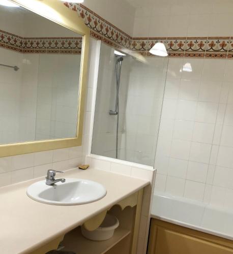 une salle de bain avec un lavabo, un miroir et une baignoire dans l'établissement Residence le village, aux Issambres