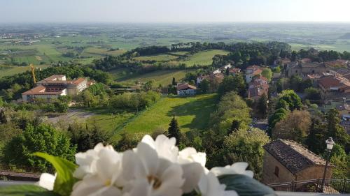 a village on a hill with white flowers in the foreground at Hotel Panorama in Bertinoro