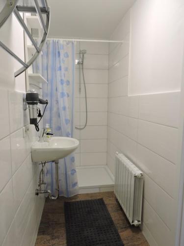 ein weißes Bad mit einem Waschbecken und einer Dusche in der Unterkunft Haus Ferienwohnungen Hubert in Saarbrücken