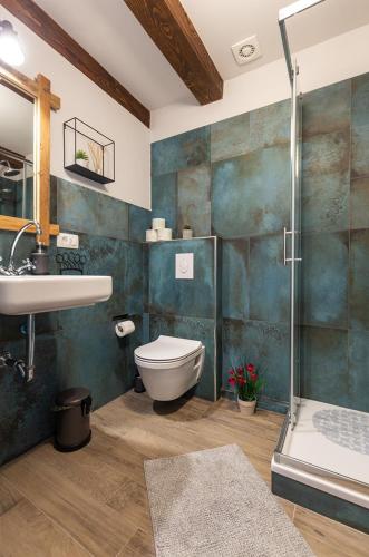 a bathroom with a toilet and a sink and a shower at El Atico in Rovinj