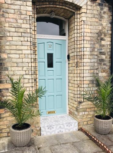 a blue door with two plants in front of it at Bootham Apartment 32 - Free Parking - Five minute walk to York Minster in York