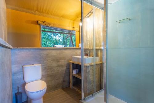 a bathroom with a toilet and a glass shower at Agriturismo Tenuta Regina - Glamping luxury lodges and apartments in Palazzolo dello Stella