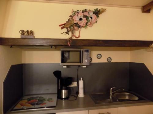 a kitchen counter with a sink and a microwave at Haus Alexandra in Schöneberg