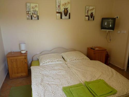 Un dormitorio con una cama con esterillas verdes. en Gyöngy Vendégház, en Szekszárd