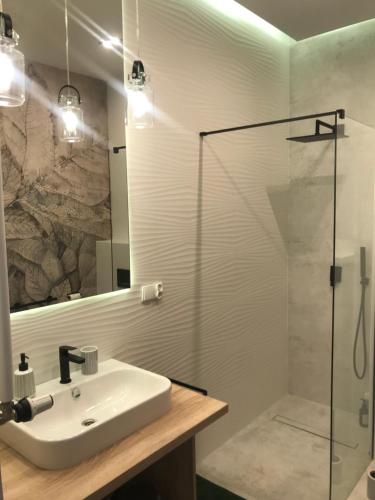 bagno con lavandino e doccia in vetro di Apartament the Good Place a Brodnica