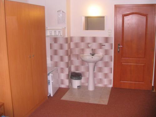 a bathroom with a sink and a toilet at Penzion Pstruh in Stožec