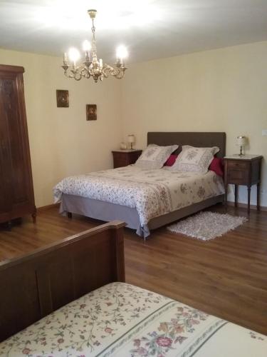 a bedroom with two beds and a chandelier at Les Chambres de la Nied in Condé-Northen