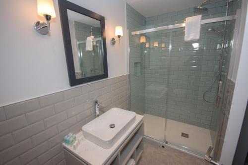 Un baño con lavabo y ducha con espejo. en Seaclusion Luxury Guest Accommodation, en Waterville