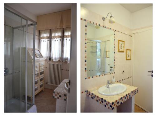 2 fotos de un baño con lavabo y ducha en Villa Cristina, en Vezzo