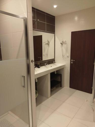 a bathroom with a sink and a shower and a mirror at Penzion Black Hole in Provodín